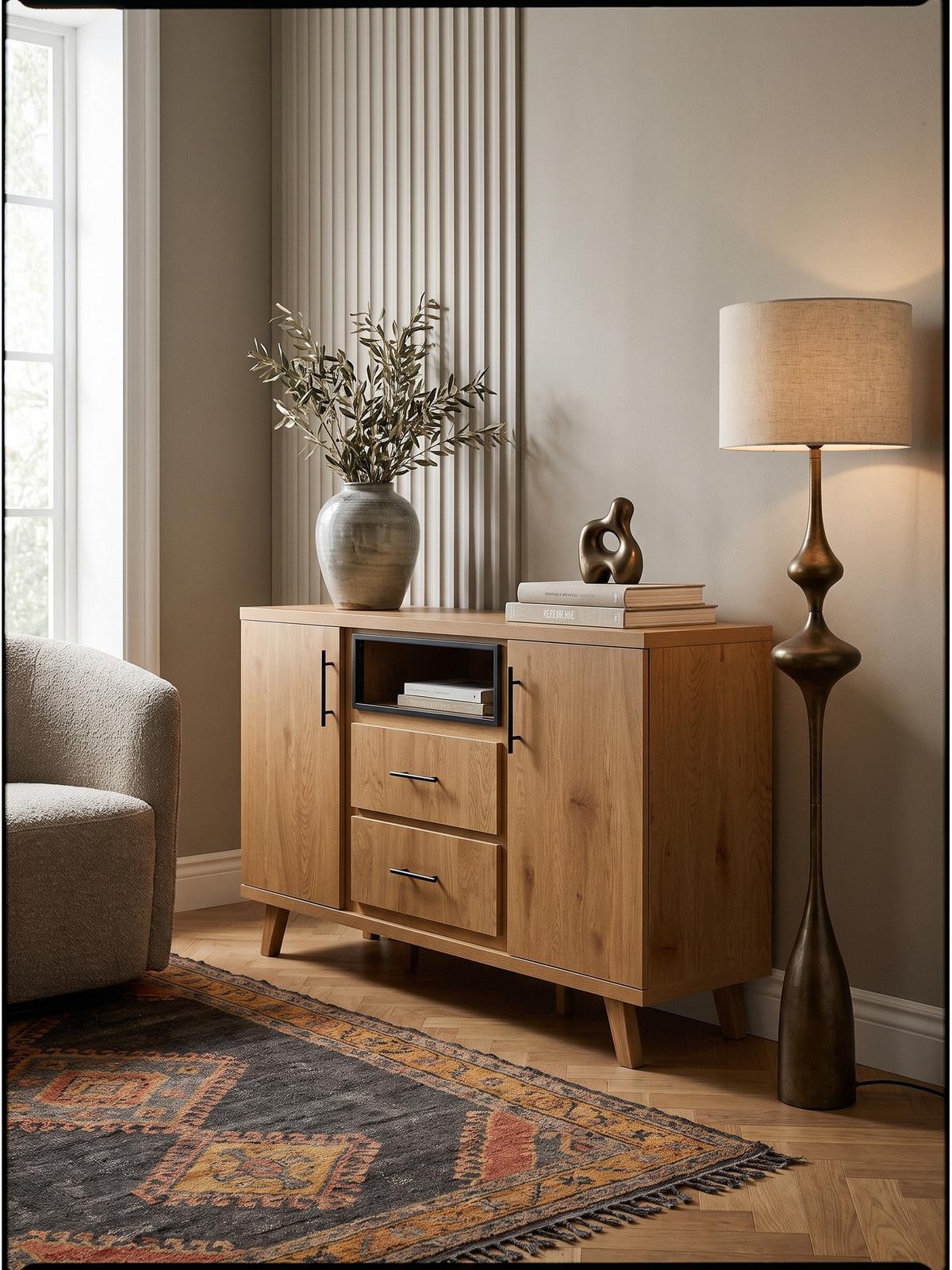 SIDEBOARD BASSANO, MDF, in Eichenoptik, mit Stauraum, 150 x 40 x 95 cm - Hellbraun/Braun, Eichenholz/Holzwerkstoff (150/95/40cm) - KADIMA DESIGN