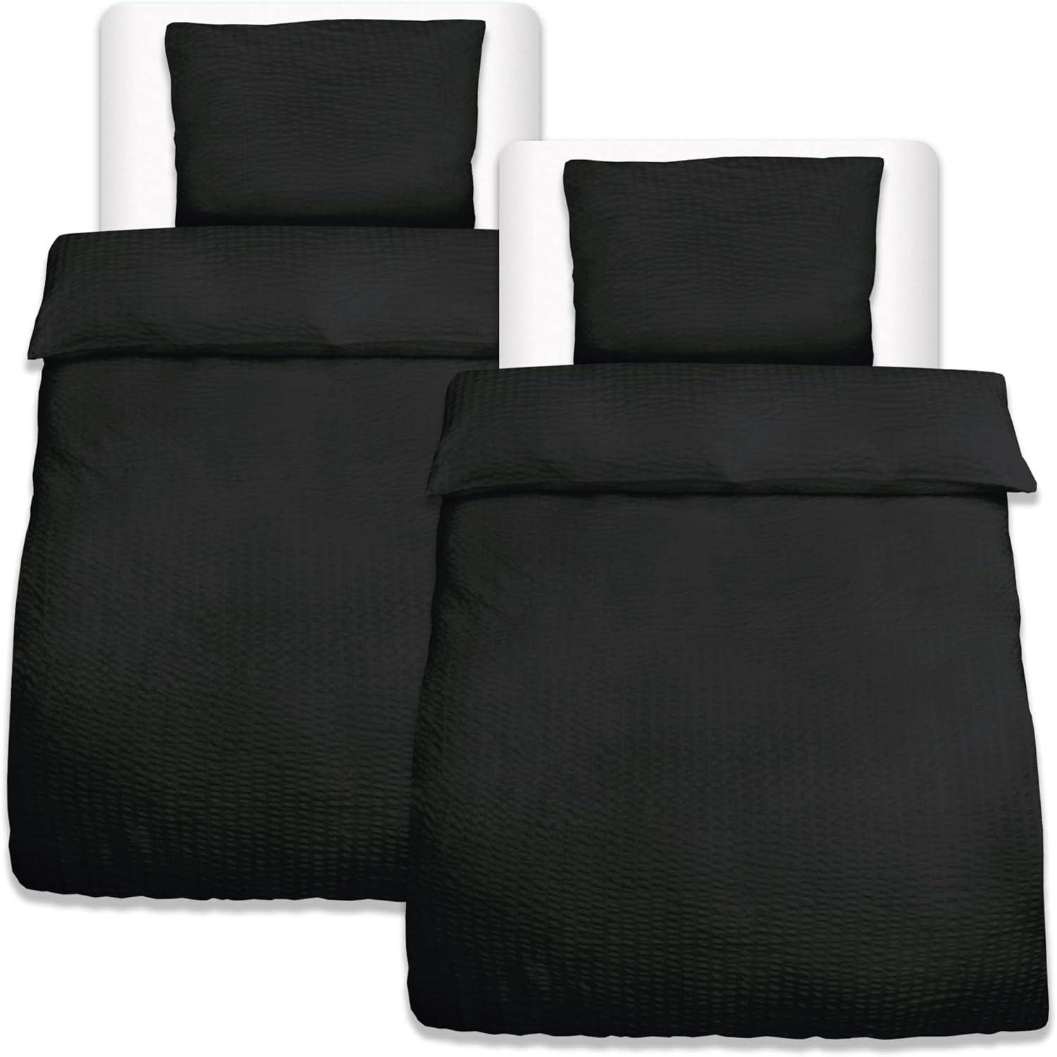 BETTBEZUG Meline 155x220cm + Kissenbezug 80x80cm Schwarz Seersucker (4tlg) - Schwarz, Textil (155/220cm) - Beautissu 