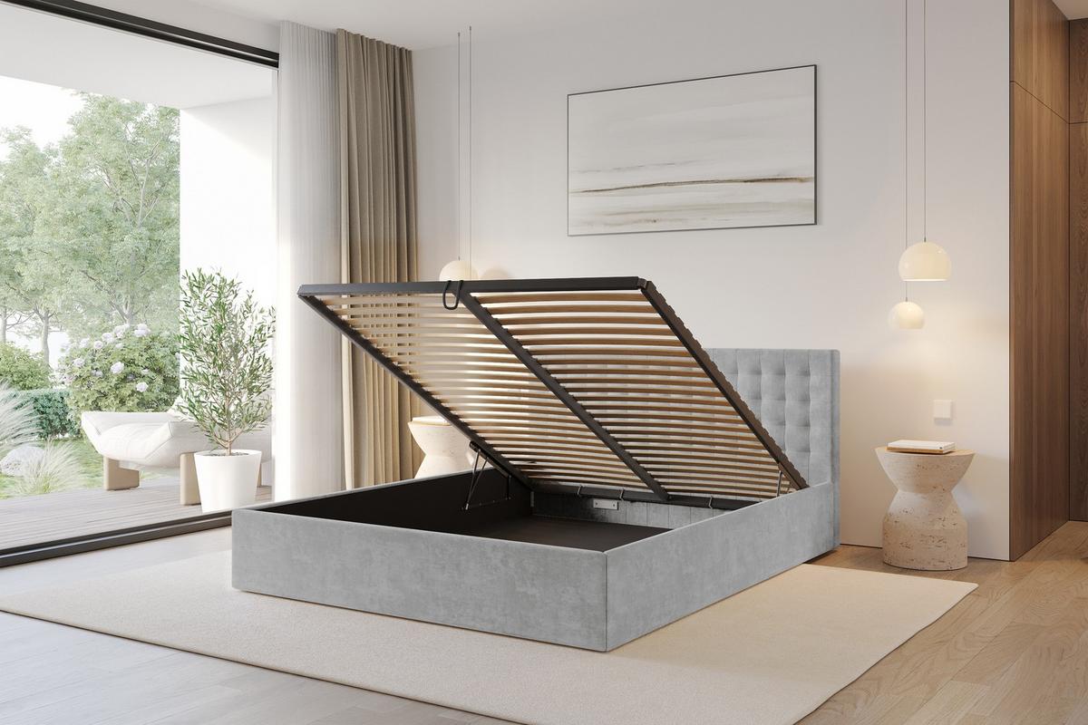 POLSTERBETT mit Bettkasten und Lattenrost, Bett mit Matratze H3/H4 - PARI 160x200 Grau - Hellgrau, Holzwerkstoff/Textil (160/200cm) - ALTDECOR