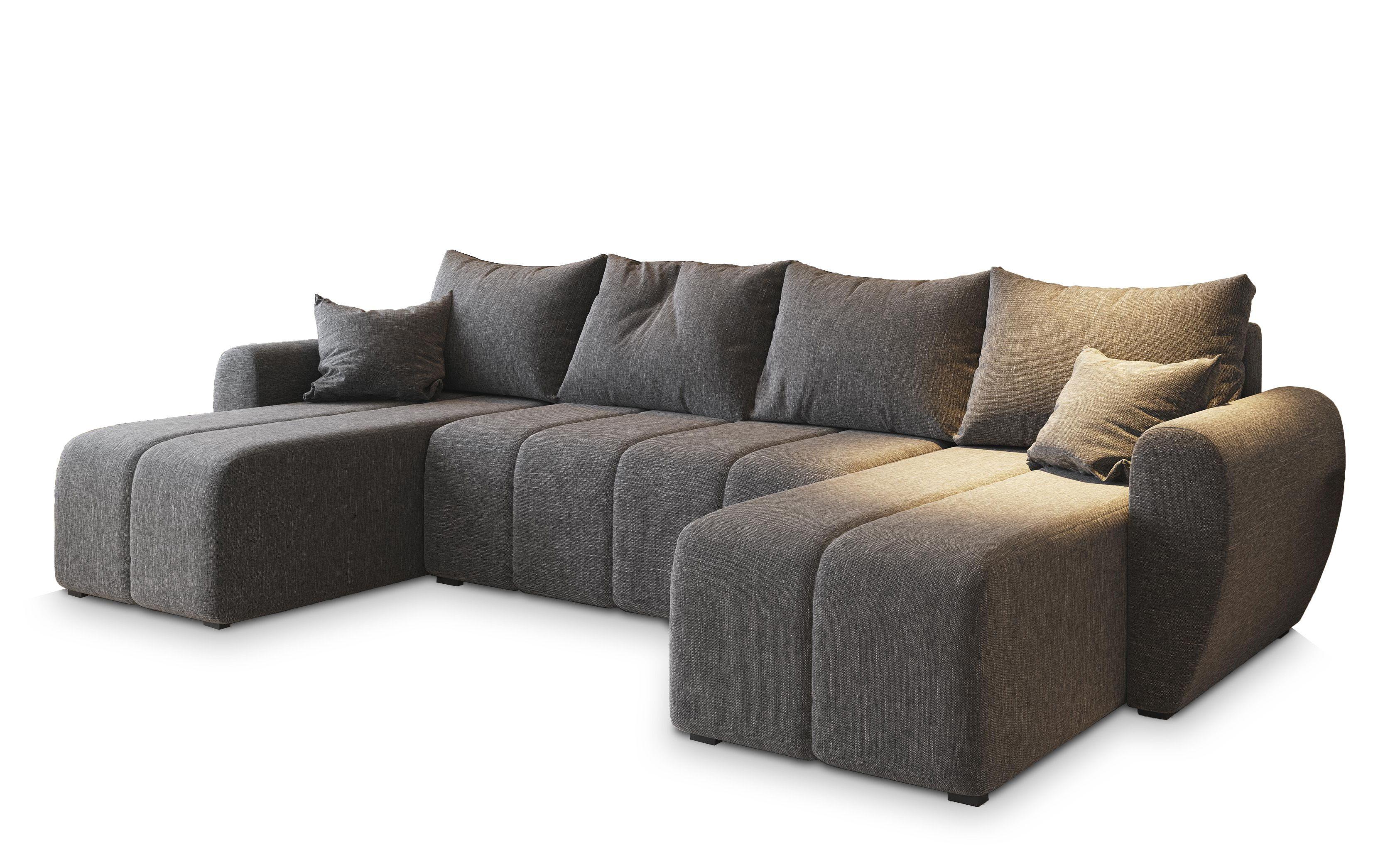 WOHNLANDSCHAFT MADISON U Hellgrau Dünner Stoff mit Schlaffunktion - Hellgrau/Schwarz, Holz/Kunststoff (311/82/145cm) - MASSENO