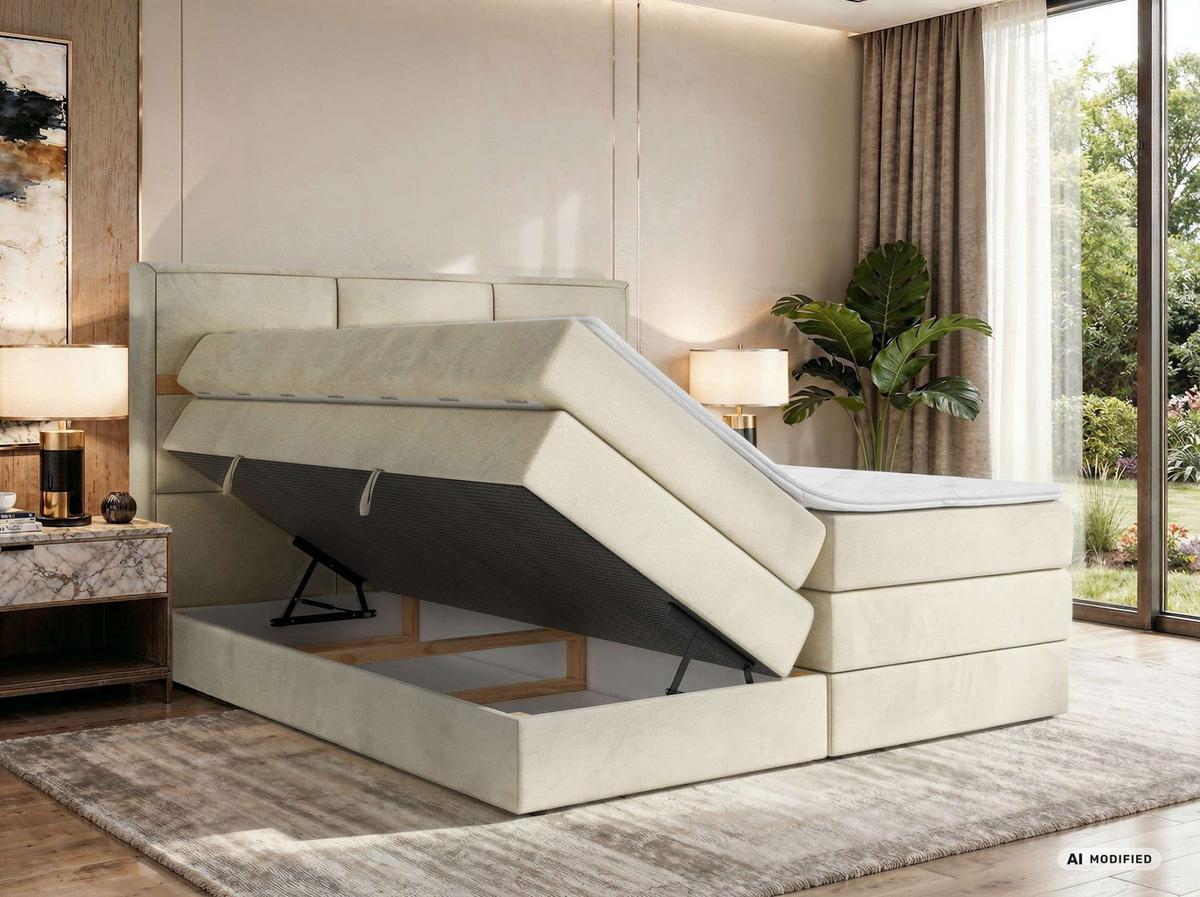 BOXSPRINGBETT ORVO KING 140/200 - Beige Velvet - Topper Visco - H3 - Beige/Creme, Kunststoff/Textil (140/200cm) - MKS