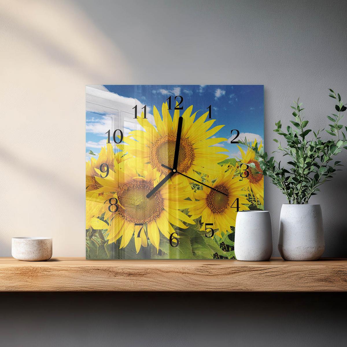 WANDUHR aus Glas 30x30 cm - Sonnenblumen - Gelb, Glas (30/30/0.4cm) - TULUP
