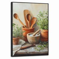 LEINWAND Bilder mit Rahmen - Töpfe - Kräuter - Holz - 50x70 - Terracotta, Textil (50/70cm) - MuchoWow