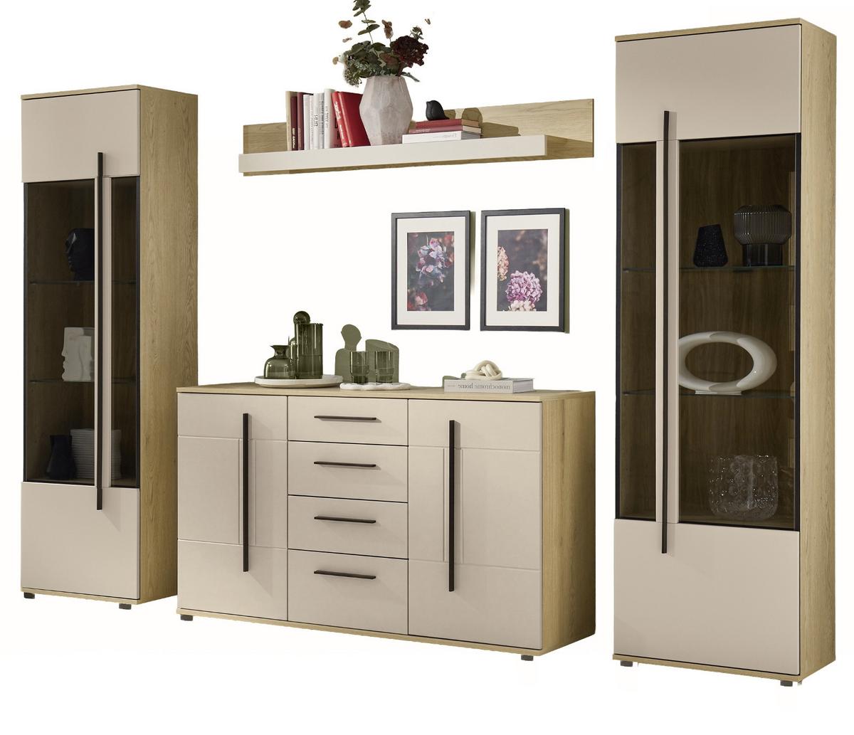 WOHNWAND Kaschmir, Eiche 4-teilig 290, Schrankwand in modernem Design - Kaschmir/Eichefarben, Glas/Holzwerkstoff (290/200/42cm) - Furn.Design