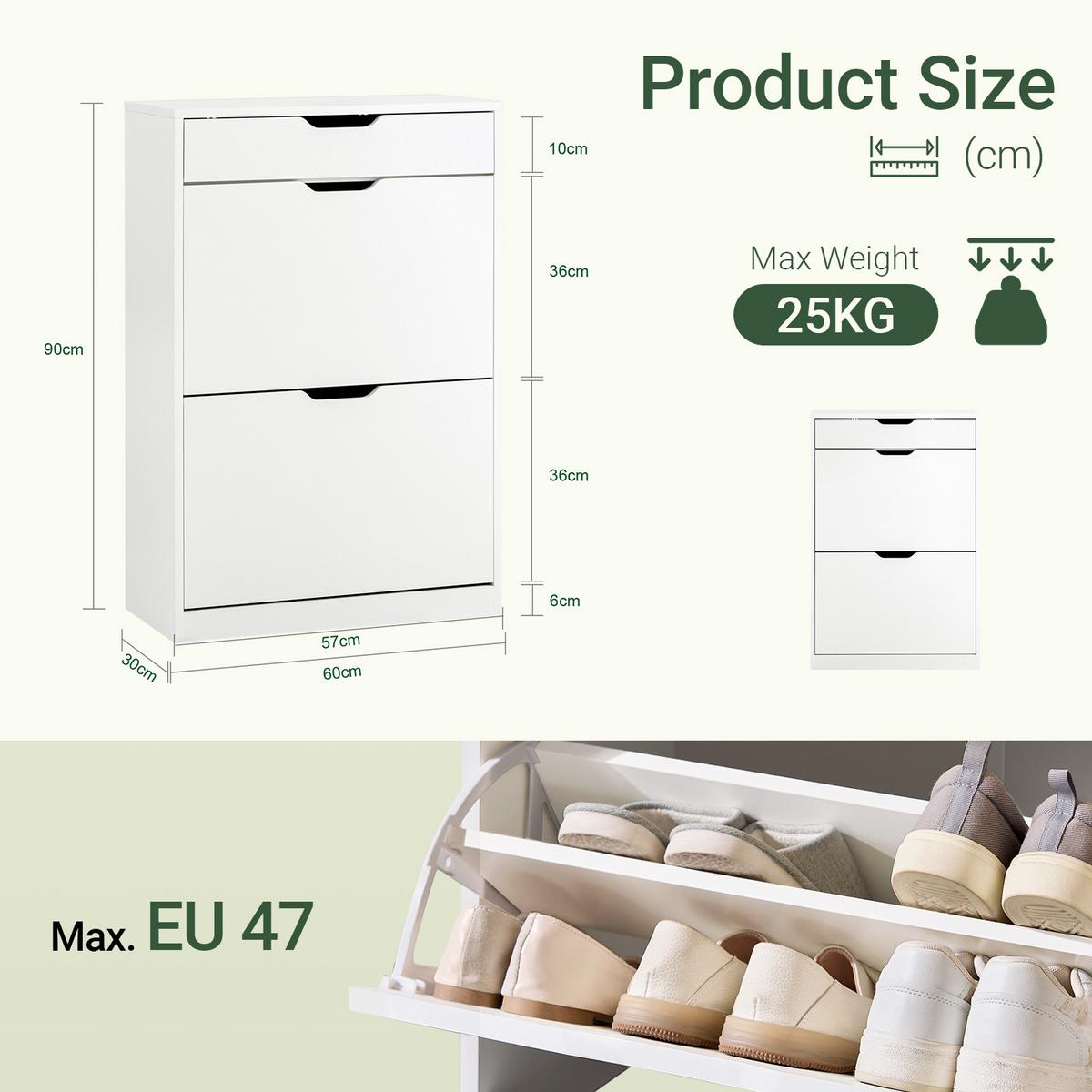 SCHUHSCHRANK mit 2 Klappen und 1 Schublade, Weiß 60x90x30cm - Weiß, Holzwerkstoff (60/90/30cm) - SoBuy