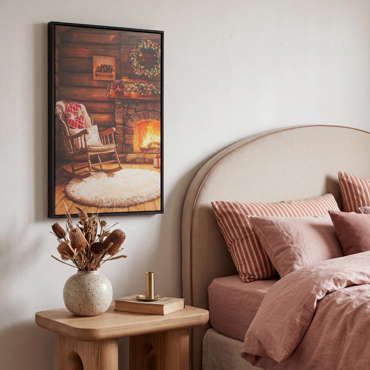 LEINWAND Bilder mit Rahmen - Winter - Weihnachten - Zuhause - Kamin - 40x60 - Bernsteinfarben, Textil (40/60cm) - MuchoWow