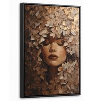 LEINWAND Bilder mit Rahmen - Gesicht - Dame - Blätter - Pinselstriche - 20x30 - Goldfarben, Textil (20/30cm) - MuchoWow