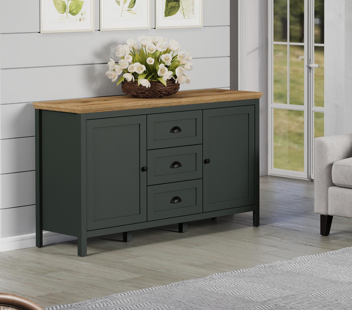 SIDEBOARD grün, Evoke Eiche Landhaus 146 x 86 cm, Kommode für Wohn- und Esszimmer - Eichefarben/Schwarz, Holzwerkstoff/Kunststoff (146/86/45cm) - Top.Furn