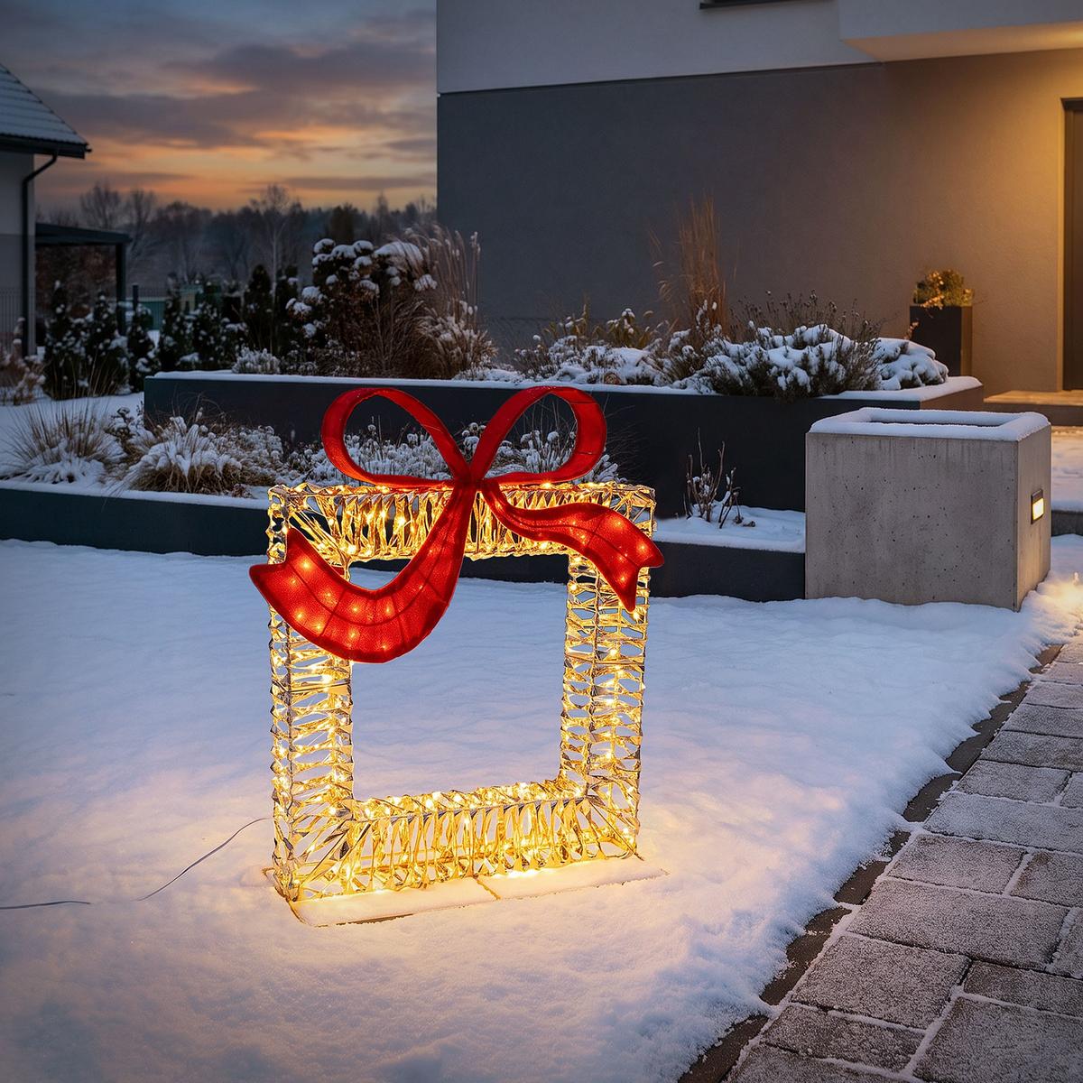 LED GESCHENKBOX WEIHNACHTEN mit Schleife Weihnachtsdeko mit Timer Außen Weihnachtsbeleuchtung 500 LEDs Warmweiß 58x63 cm - Goldfarben, Kunststoff (58/63/21.5cm) - ECD-Germany