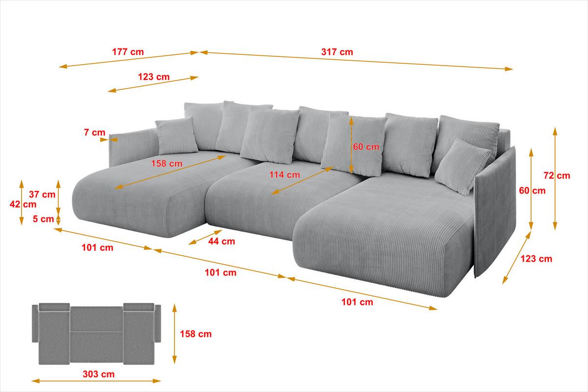 WOHNLANDSCHAFT mit Schlaffunktion und Bettkasten ONESK-U 317x177x72 Grau Cord - Grau, Holzwerkstoff/Kunststoff (317/72/177cm) - ALTDECOR