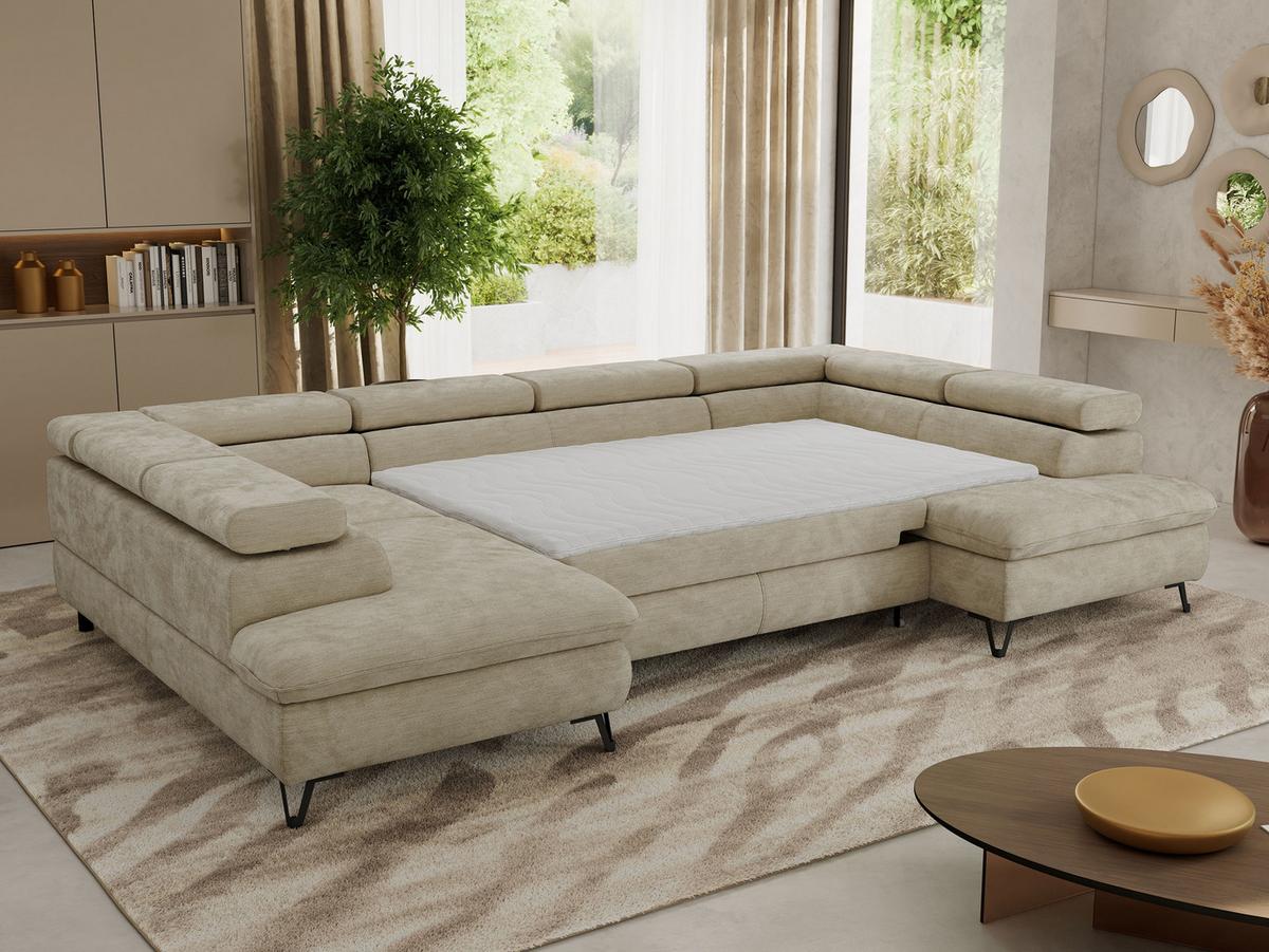 WOHNLANDSCHAFT PABLO U Schenille glatt Beige mit Topper Visco - Beige/Schwarz, Textil/Metall (346/76/208cm) - MKS