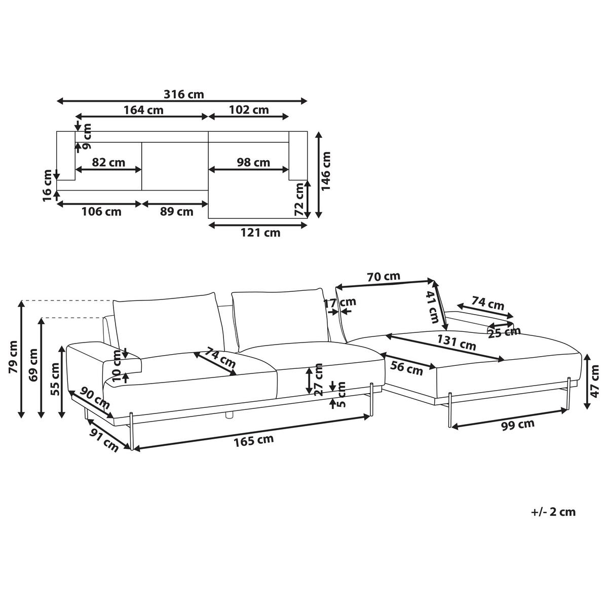 3-SITZER-ECKSOFA braun rechtsseitig Mariferd - Dunkelbraun/Schwarz, Textil (316/146cm) - Beliani