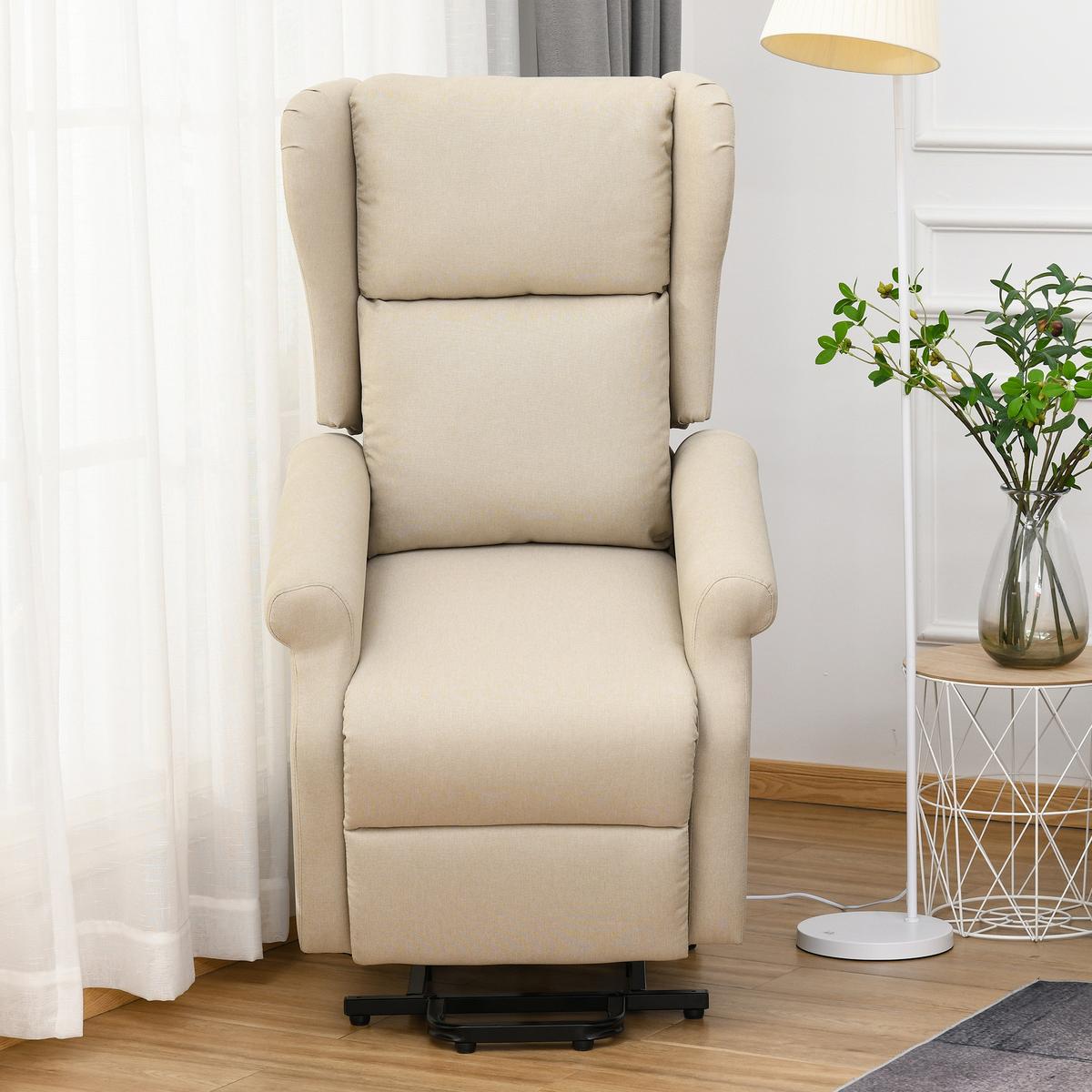 FERNSEHSESSEL mit Aufstehhilfe Leinen Cremeweiß - Creme/Schwarz, Holz/Textil (94/111/74cm) - HOMCOM