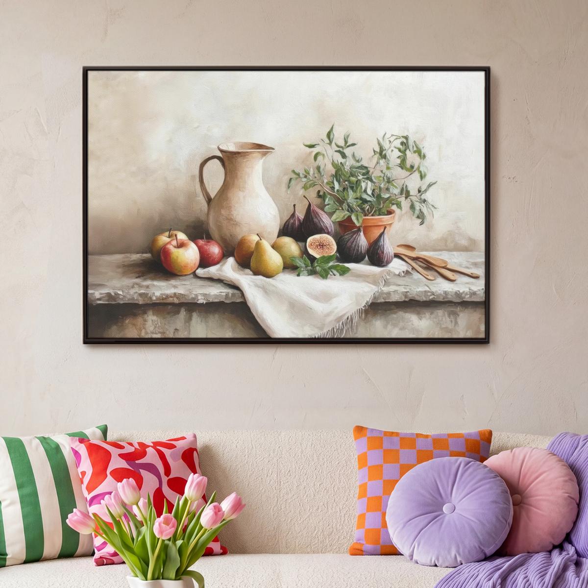 LEINWAND Bilder mit Rahmen - Obst - Kräuter - Ländlich - 90x60 - Naturfarben, Textil (90/60cm) - MuchoWow
