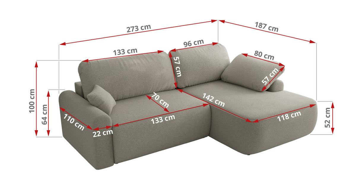 ECKSCHLAFSOFA CUBO L Hellgrau Boucle - rechts - Hellgrau/Schwarz, Kunststoff/Textil (187/273cm) - MKS