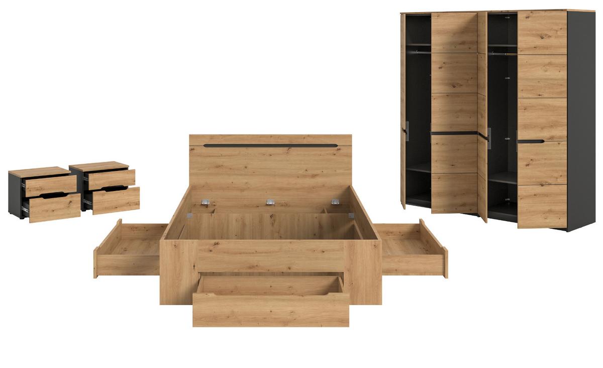SCHLAFZIMMER Eiche Artisan, grau 4-teilig, Set mit Kleiderschrank, Bett und 2x Nachttisch - Eiche Artisan/Grau, Holzwerkstoff/Metall - Inn.Furn
