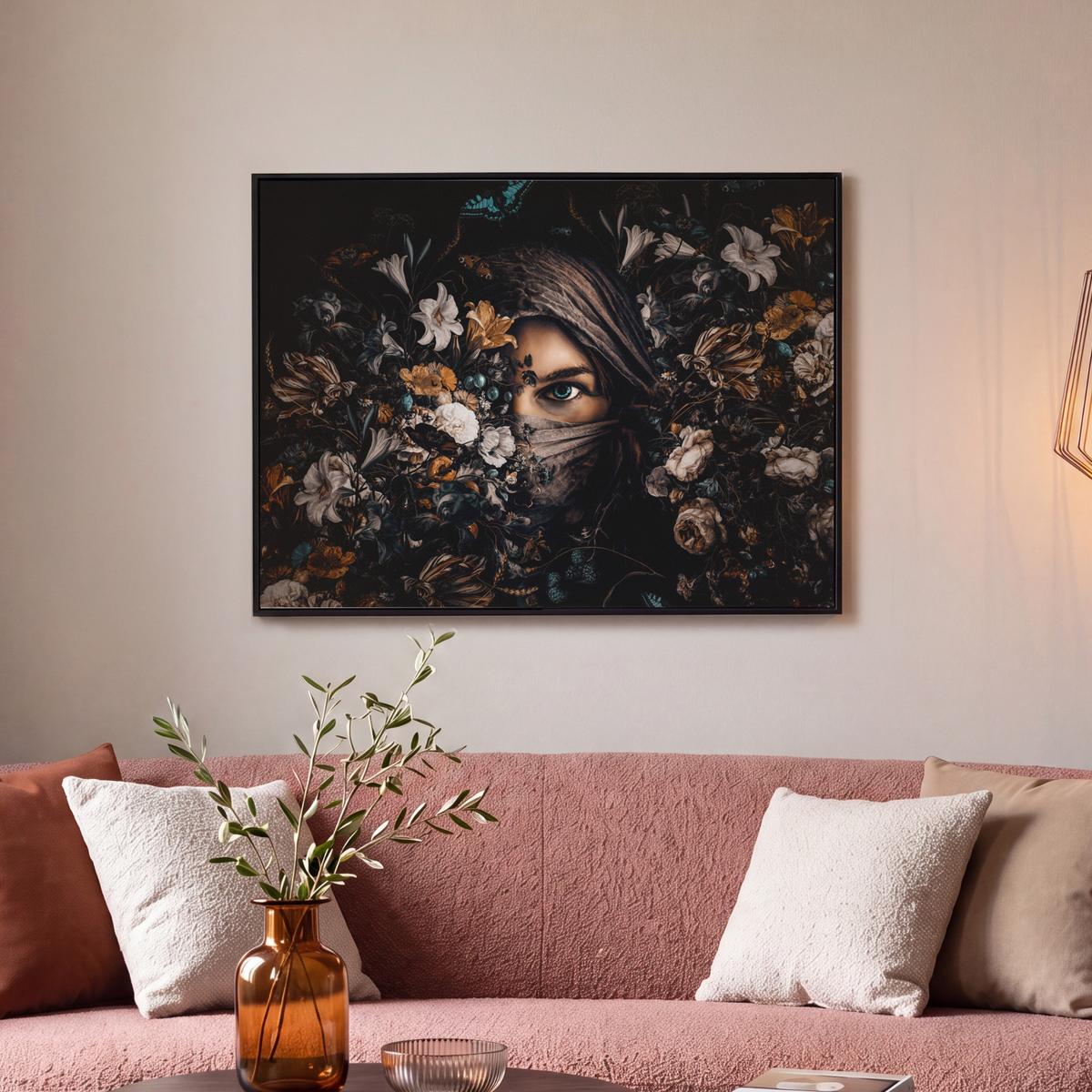 LEINWAND Bilder mit Rahmen - Frau - Luxus - Blumen - Schmetterling - Porträt - 80x60 - Schwarz, Textil (80/60cm) - MuchoWow