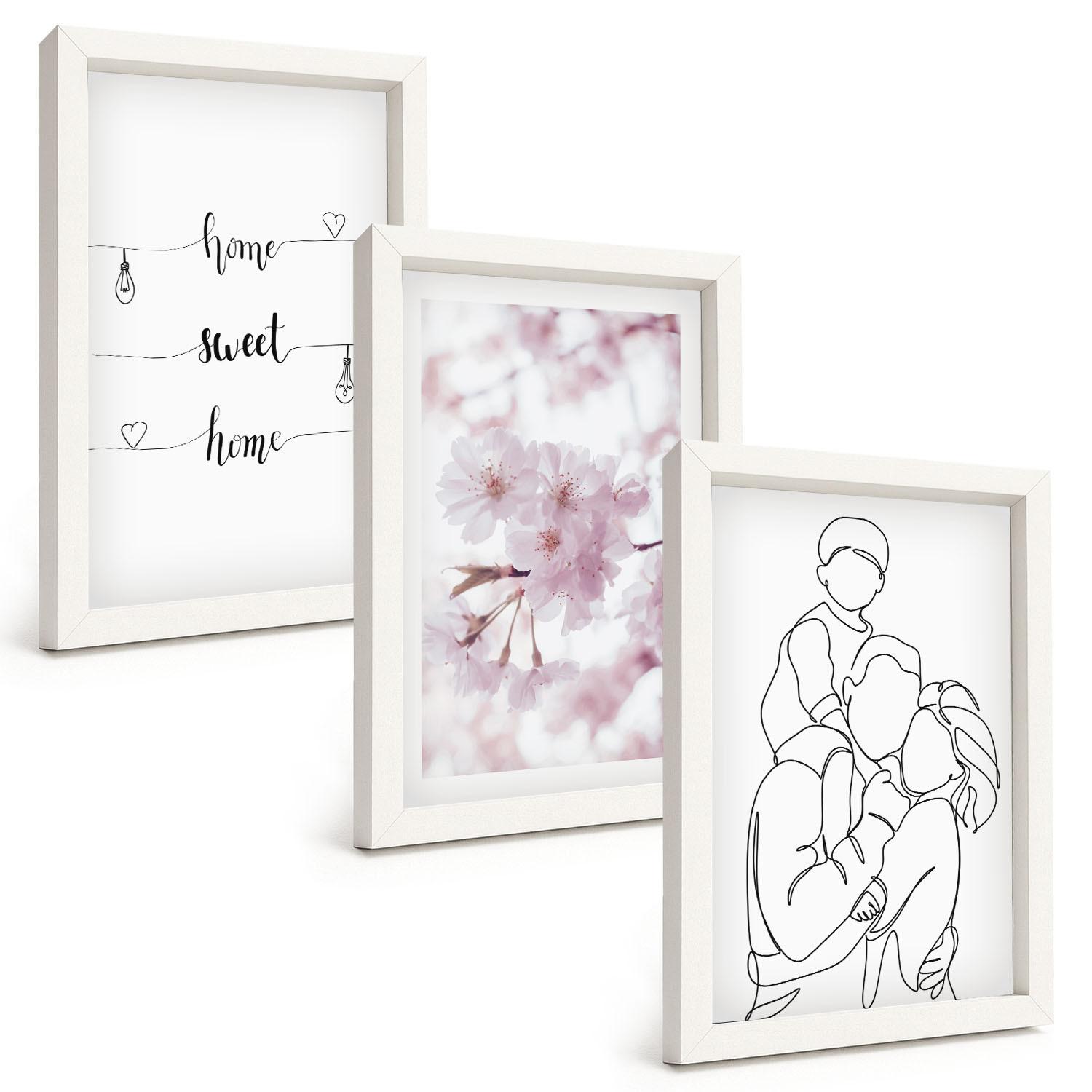 BILDER SET 3er Set - 20x30 cm Weißer Rahmen - Blumenfamilie minimalistisch - Weiß, Kunststoff (20/30cm) - TULUP