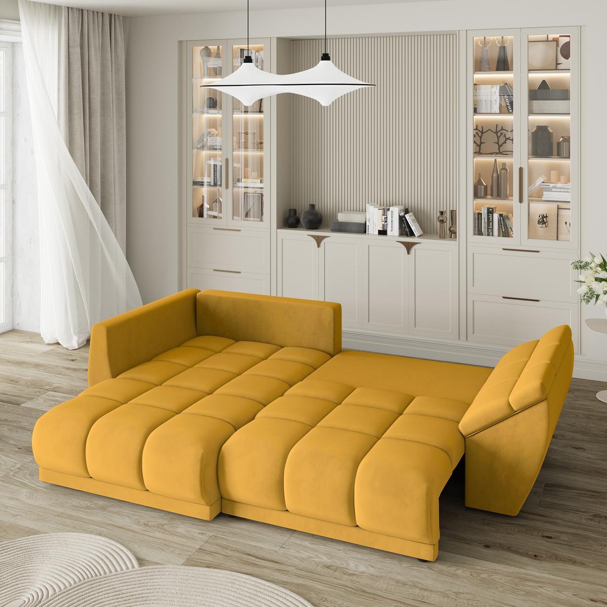 ECKSOFA ORENTI L-S Gelb Velours-Stoff mit Schlaffunktion - Gelb, Holz (287/182cm) - MASSENO