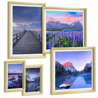 BILDER SET 5er Set - 50x50 cm & 20x30 cm & 40x60 cm Goldrahmen - Berglandschaften, Wasser, Blumenfeld - Goldfarben, Kunststoff (40/60cm) - TULUP