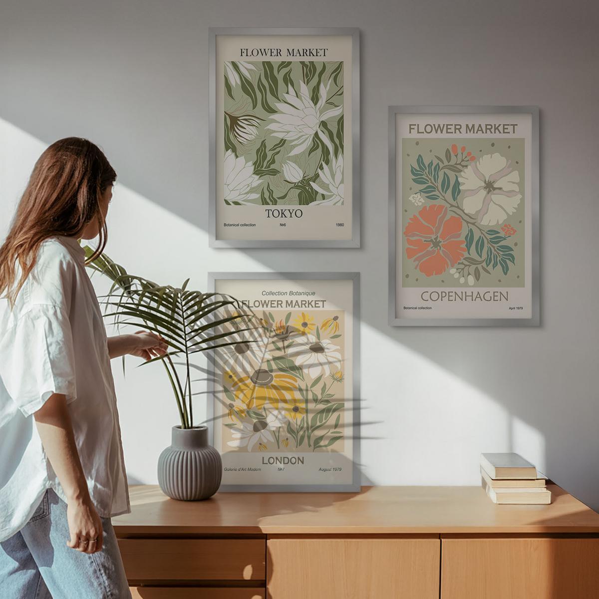 BILDER SET 3er Set - 40x60 cm Silberner Rahmen - Blumenmotive aus Städten auf der ganzen Welt - Silberfarben, Kunststoff (40/60cm) - TULUP