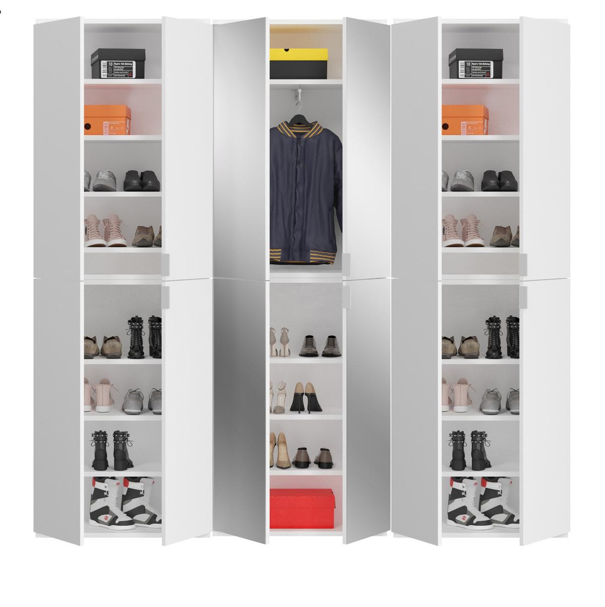 KLEIDERSCHRANK weiß Hochglanz 183 cm, Stauraumschrank mit 12 Türen und Spiegel - Chromfarben/Weiß Hochglanz, Glas/Holzwerkstoff (183/193/34cm) - Inn.Furn