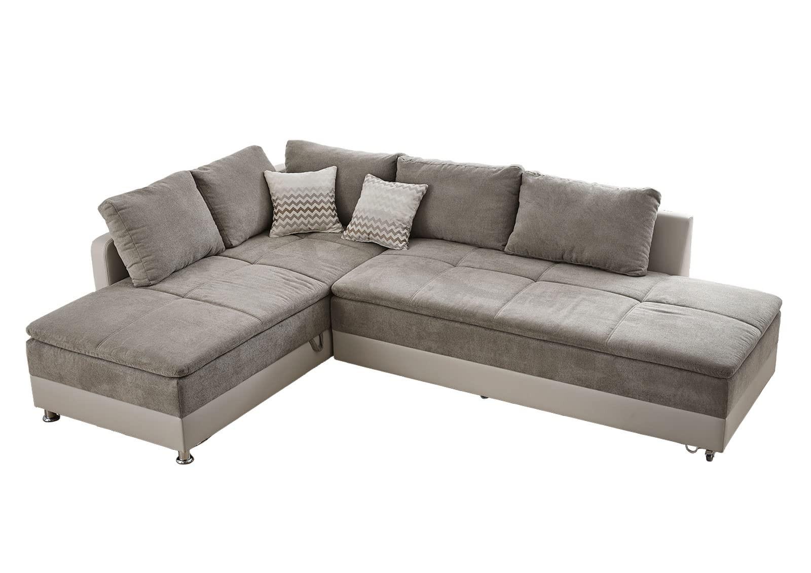ECKSOFA-DAUERSCHLÄFER Doppelbett Boxspring Federkern Topper, Schwenkteil rechts B306/T223/H95 cm, Kunstleder Beige+Mikrofaser Graubraun / 15102 - Chromfarben/Graubraun, Kunststoff/Textil (306/223cm) - luma-home