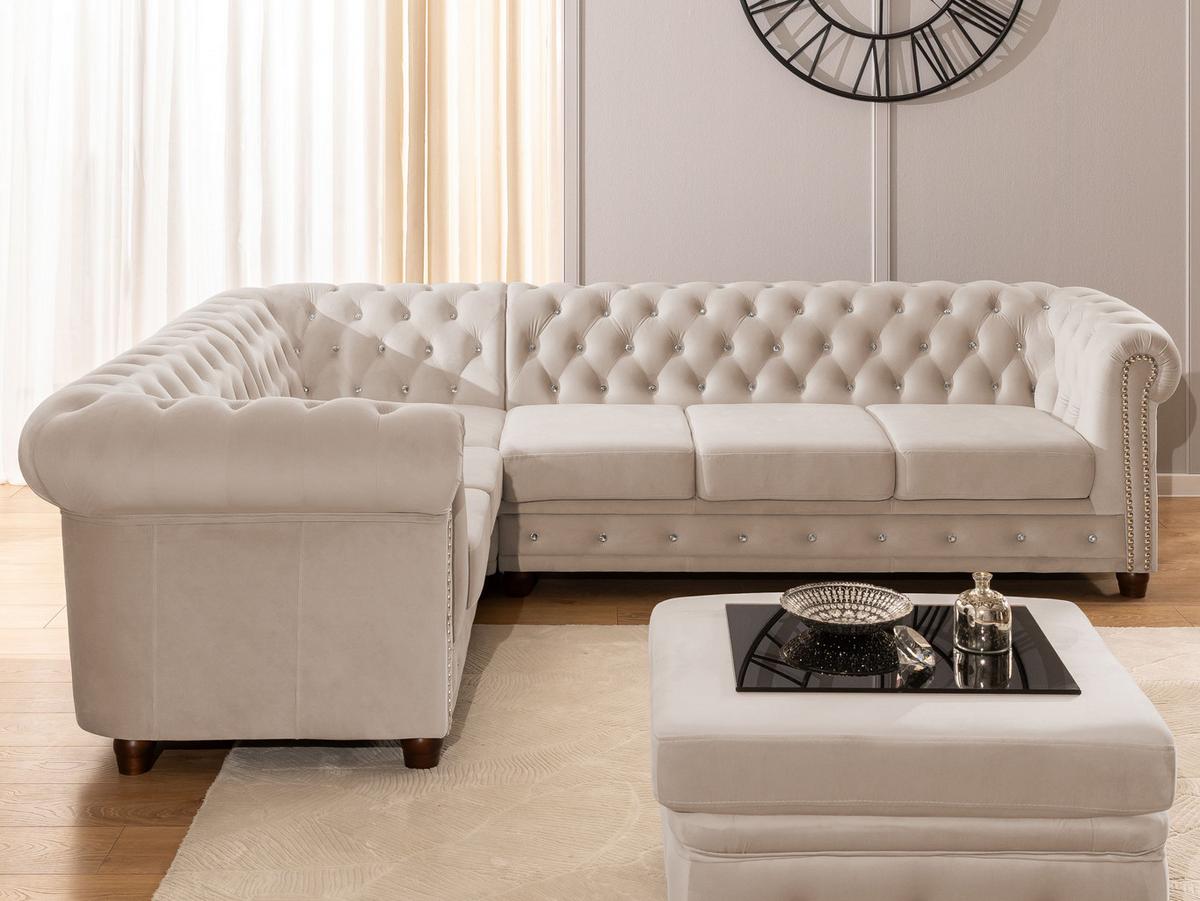 ECKSOFA mit Schlaffunktion Chesterfield Beige Samt mit Kristallsteppung und braunen Massivholzfüßen - Ottomane Links - Beige/Braun, Holz/Textil (264/210cm) - S-Style