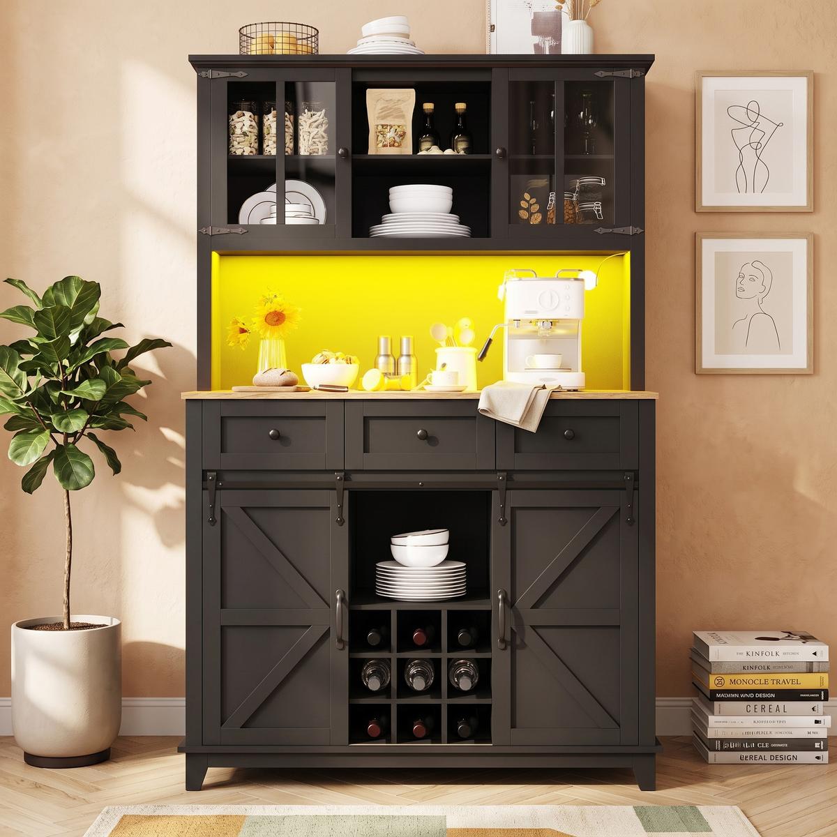 BUFFETSCHRANK Schwarz 105x180cm mit LED-Beleuchtung, Glastüren & Weinregal - Schwarz, Holzwerkstoff (105/180/38.4cm) - Urban Meuble