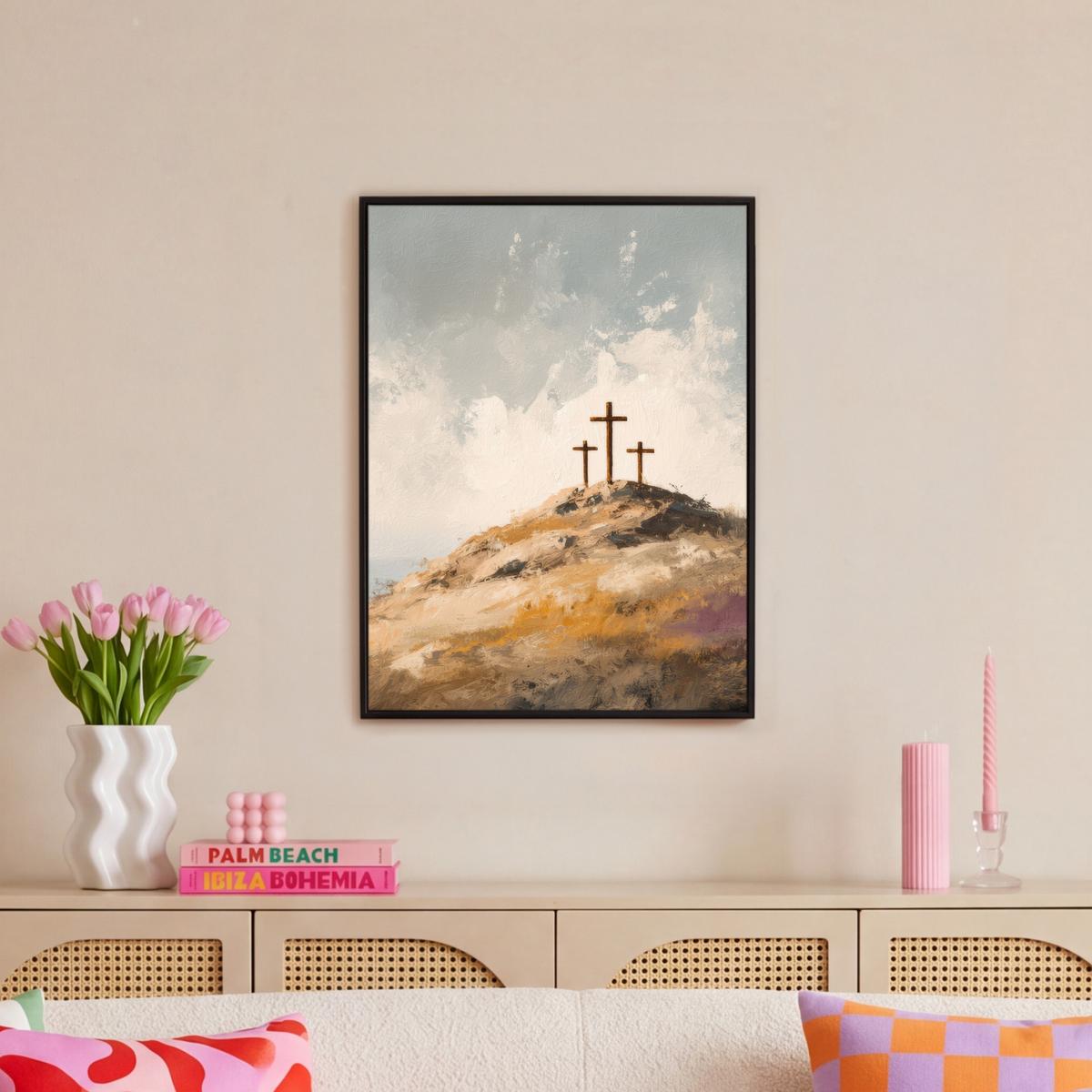 LEINWAND Bilder mit Rahmen - Hügel - Abstrakt - Christentum - Kreuz - 50x70 - Hellgrau, Textil (50/70cm) - MuchoWow