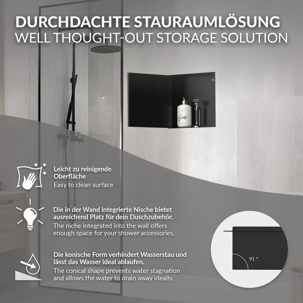 DUSCHNISCHE Edelstahl mit befliesbarer Tür Schwarz 25,5/25,5 cm - Schwarz, Metall (30/10/30cm) - LuxeBath