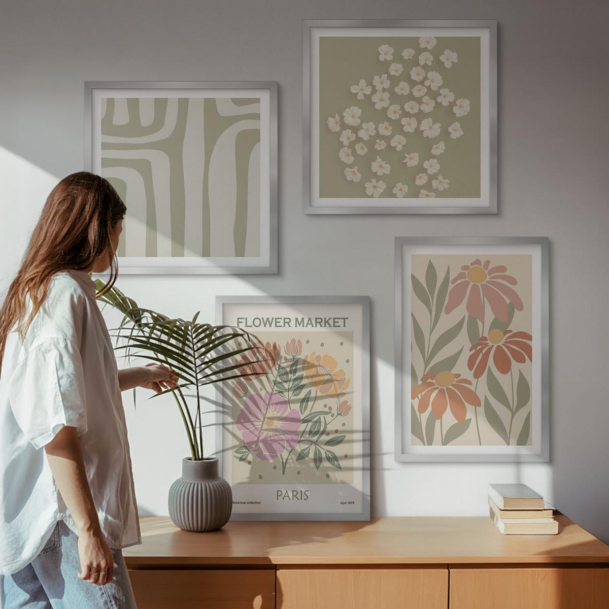 BILDER SET 4er Set - 50x50 cm & 40x60 cm Silberner Rahmen - Botanische Motive, Pariser Minimalismus - Silberfarben, Kunststoff (50/50cm) - TULUP