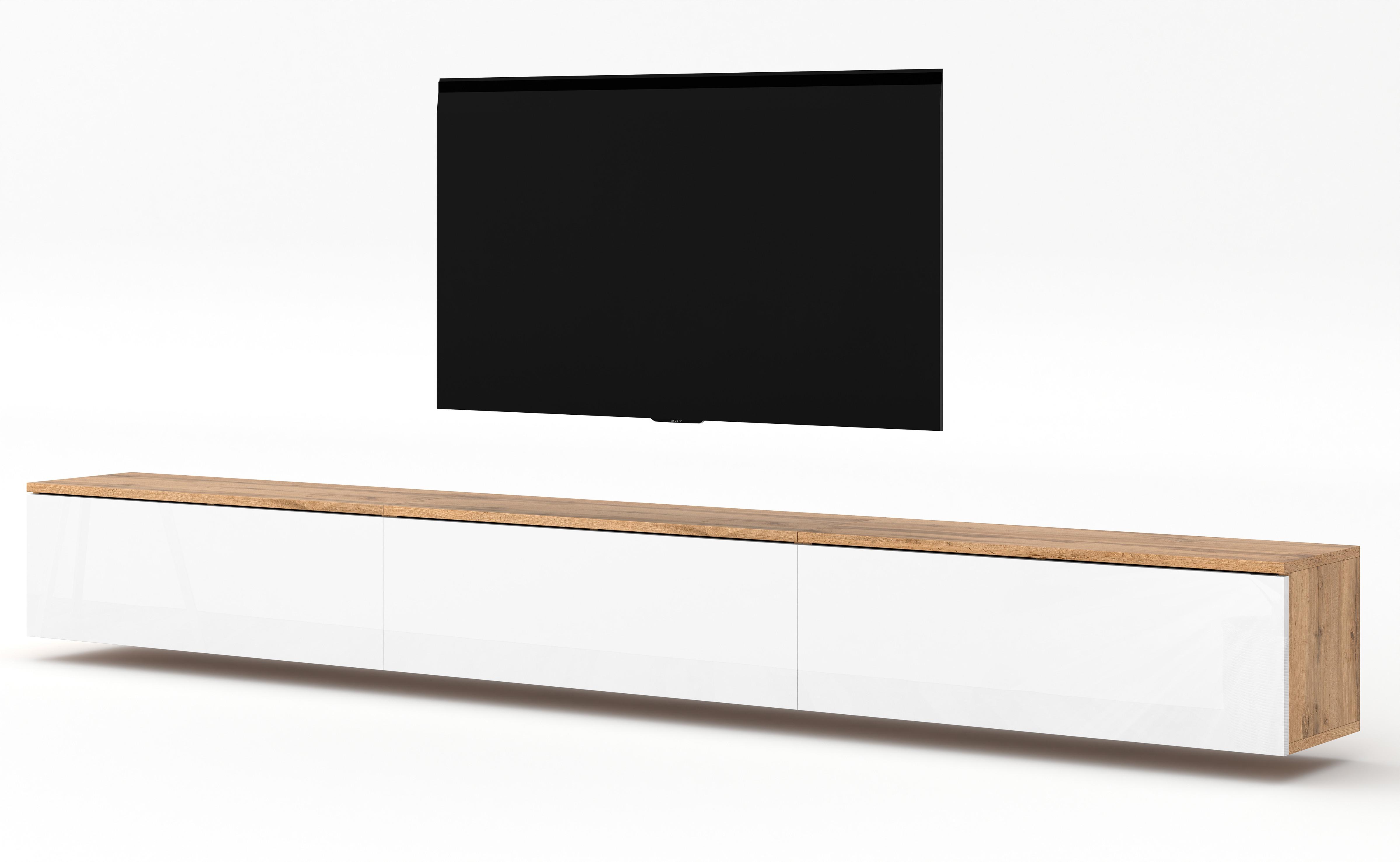 LOWBOARD Loriano 3x100 Eiche Wotan, Weiß Hochglanz 300/34/32 cm – TV Board - Braun/Weiß, Holzwerkstoff/Kunststoff (300/34/32cm) - AX Living