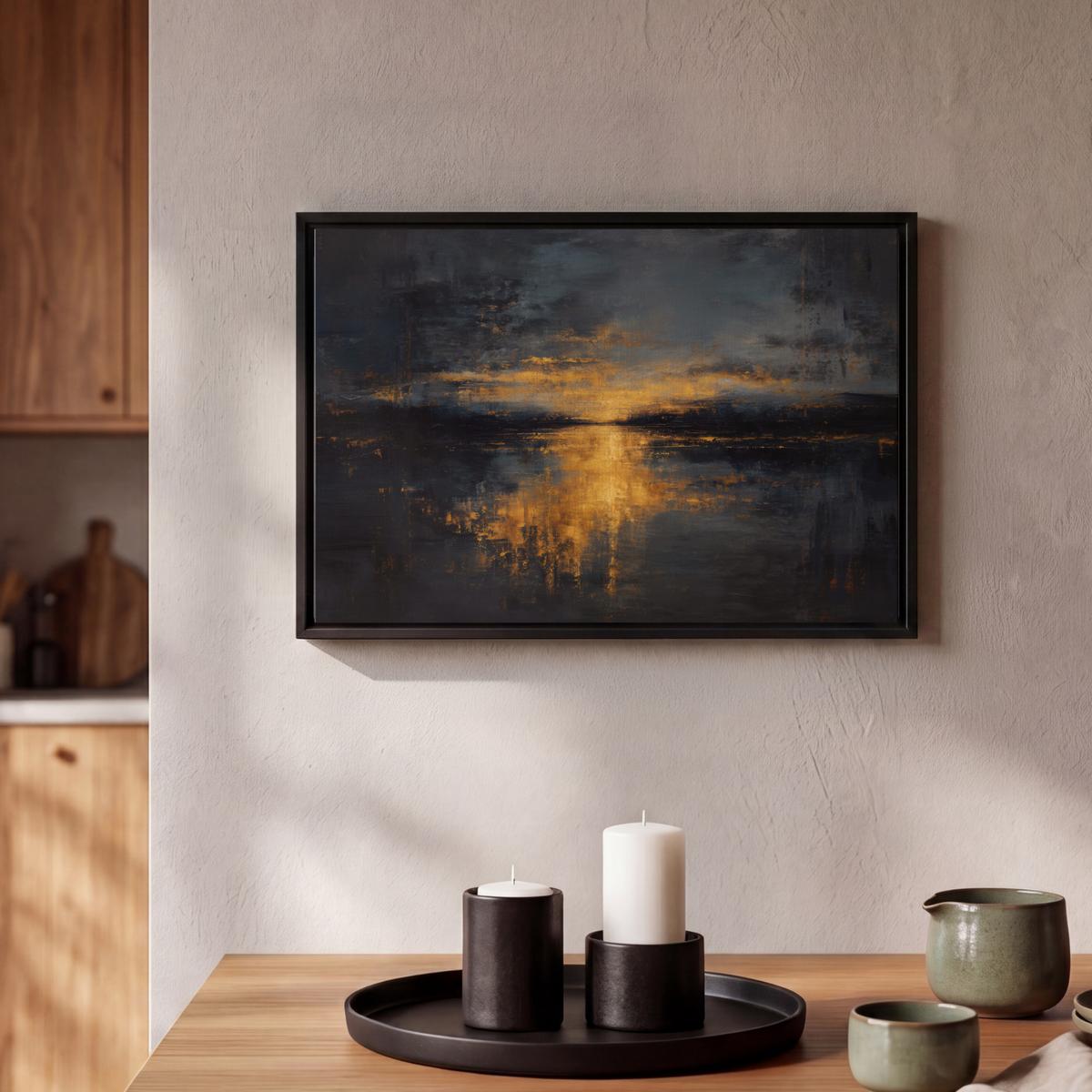 LEINWAND Bilder mit Rahmen - Goldene Reflexion auf dem Wasser - 30x20 - Anthrazit, Textil (30/20cm) - MuchoWow