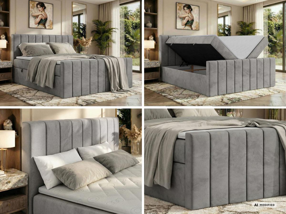BOXBETT ALVER DUO 180/200 - Hellgrau Velvet - Topper T25 - H3 - Hellgrau/Schwarz, Kunststoff/Textil (180/200cm) - MKS