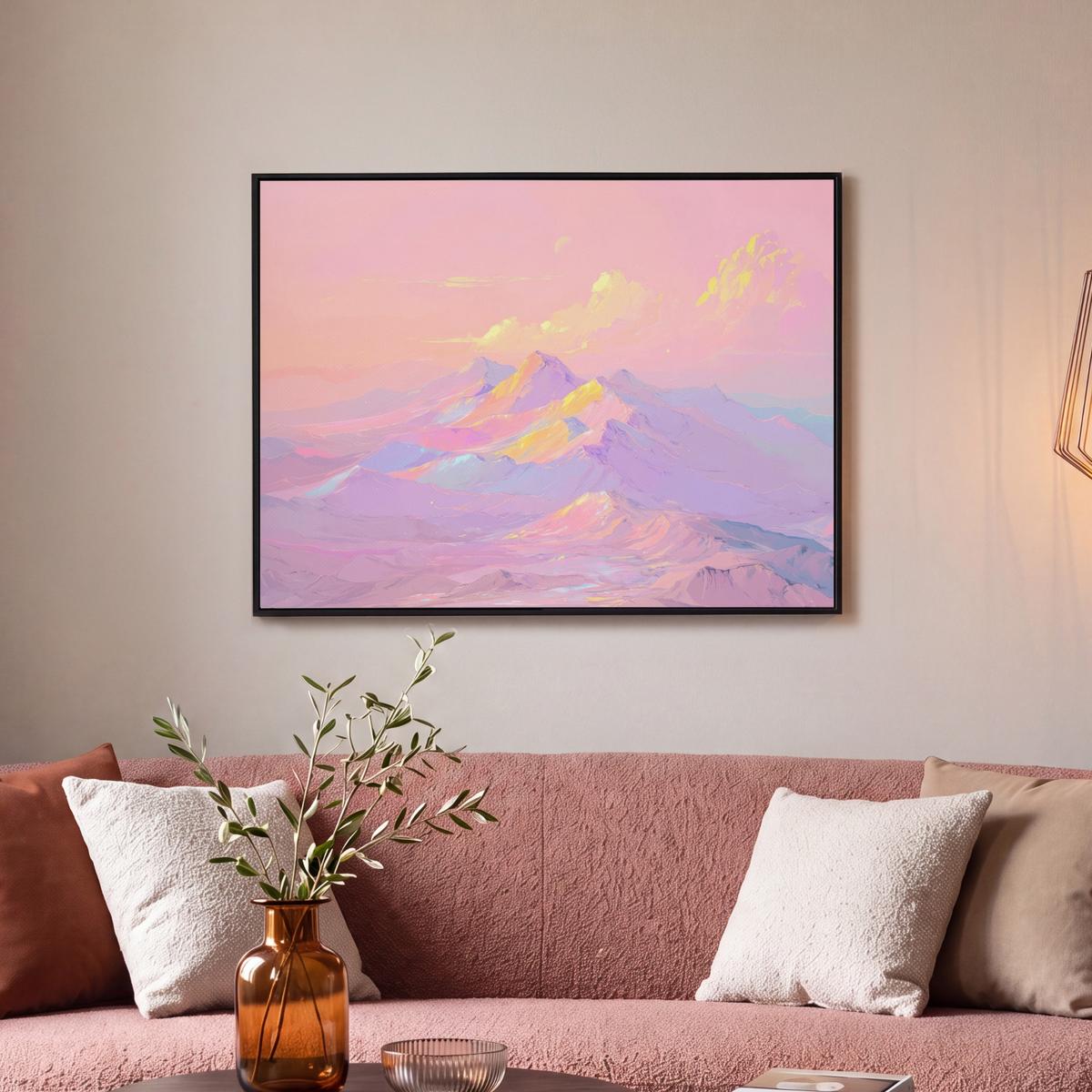 LEINWAND Bilder mit Rahmen - Berggipfel - Wolken - Verträumt - 80x60 - Hellrosa, Textil (80/60cm) - MuchoWow