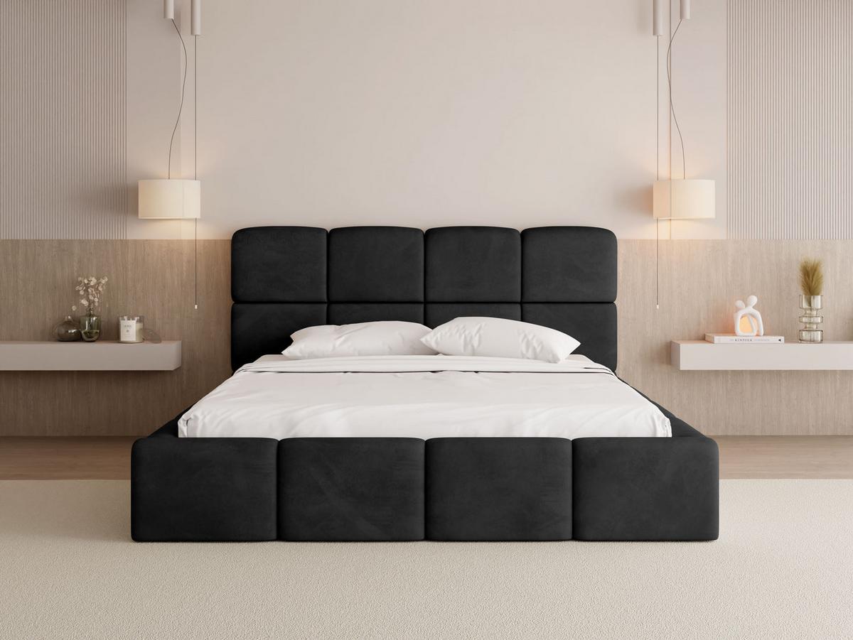 POLSTERBETT Tivio mit Bettkasten, Schwarz Samt 120x200 cm - Schwarz Hochglanz/Birkefarben, Holzwerkstoff/Kunststoff (120/200cm) - WFL GROUP