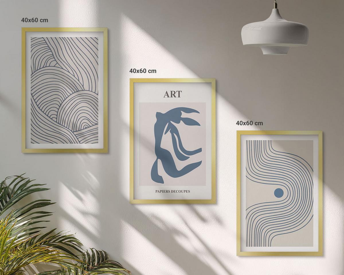BILDER SET 3er Set - 40x60 cm Goldrahmen - Abstrakte blaue Linien - Goldfarben, Kunststoff (40/60cm) - TULUP