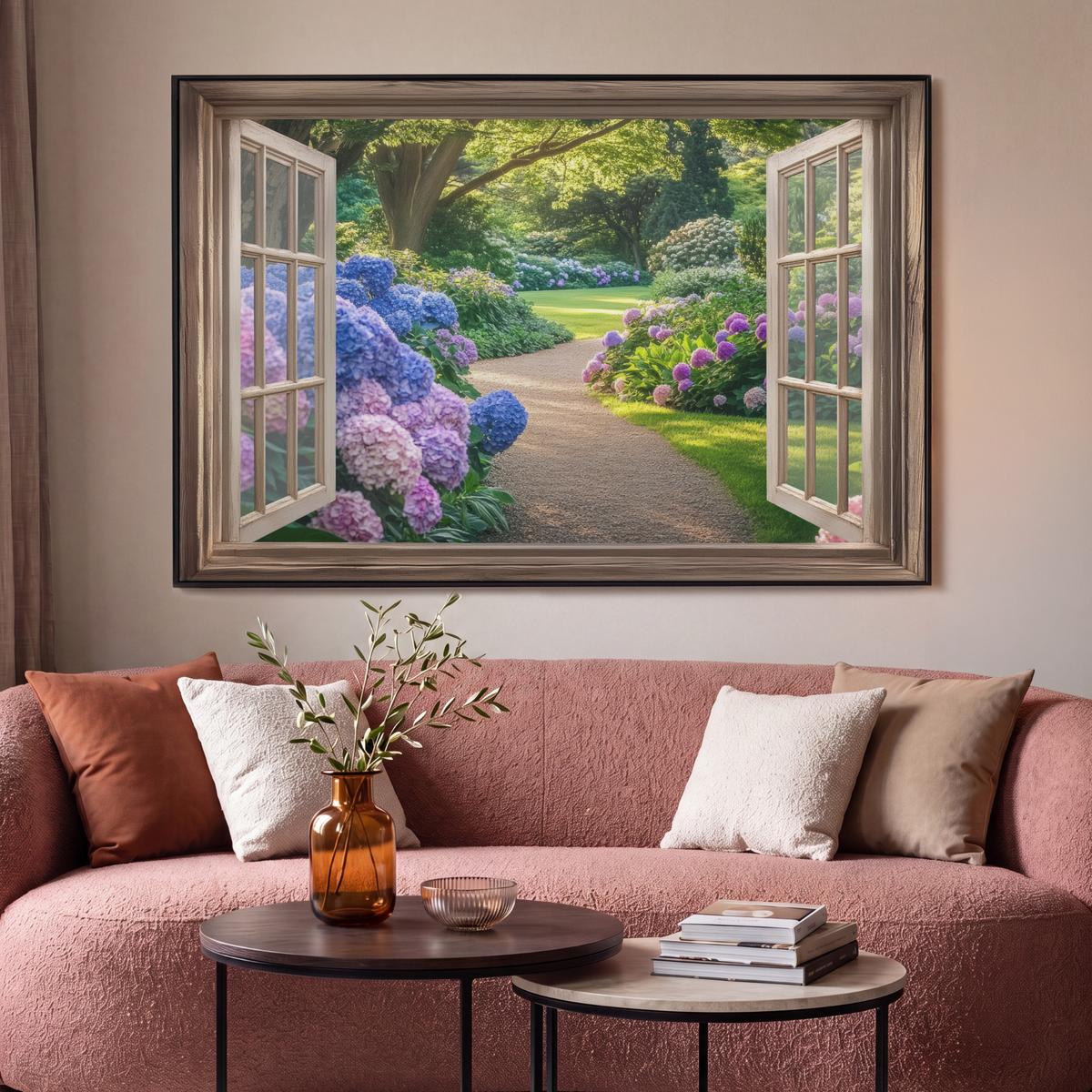LEINWAND Bilder mit Rahmen - Aussicht - Garten - Fenster - Hortensie - Blumen - 120x80 - Pastellblau, Textil (120/80cm) - MuchoWow