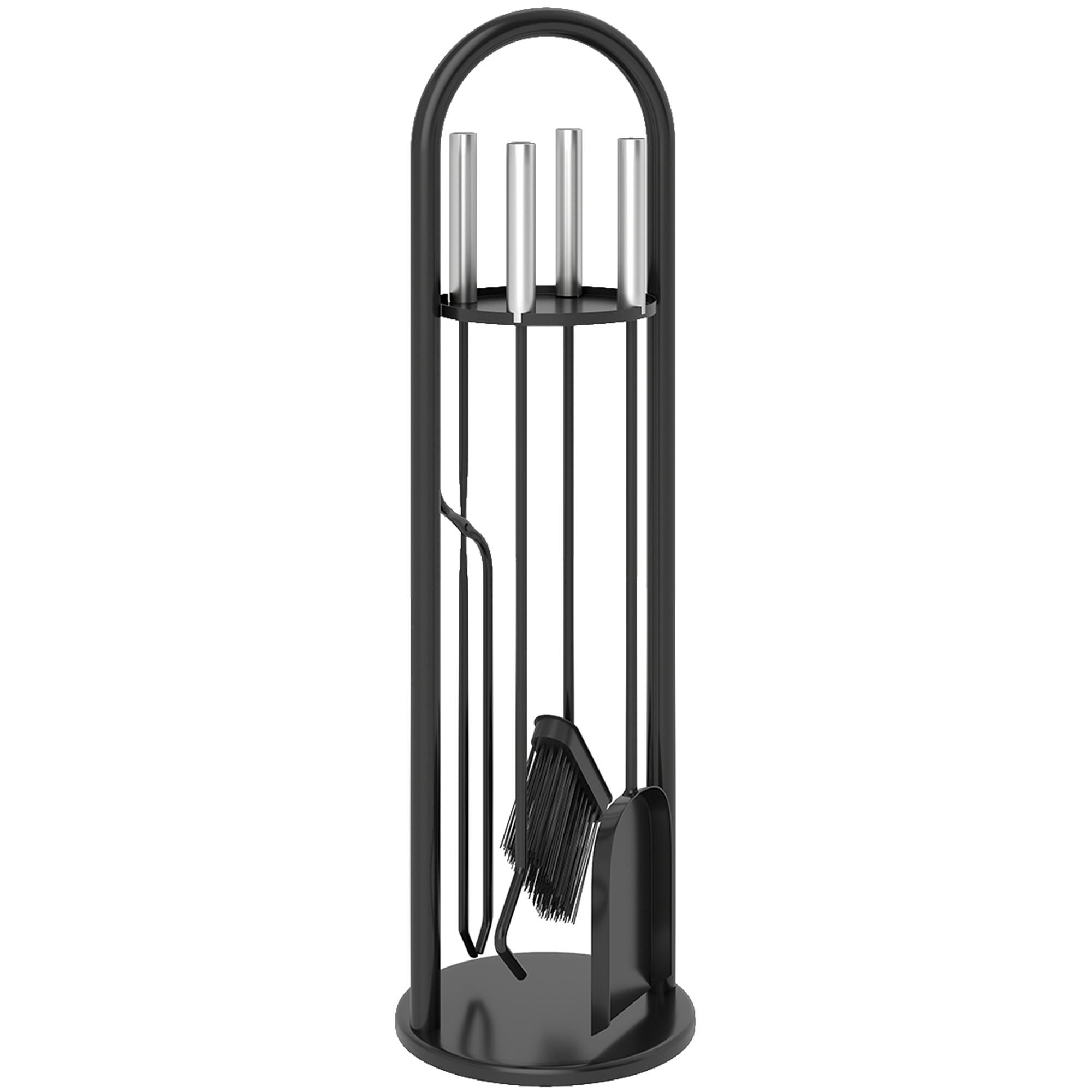 KAMINBESTECK Set 5 teilig Kaminzubehör mit Besen, Schaufel, Schürhaken Zange - Silberfarben/Schwarz, Metall (20/71/20cm) - Outsunny