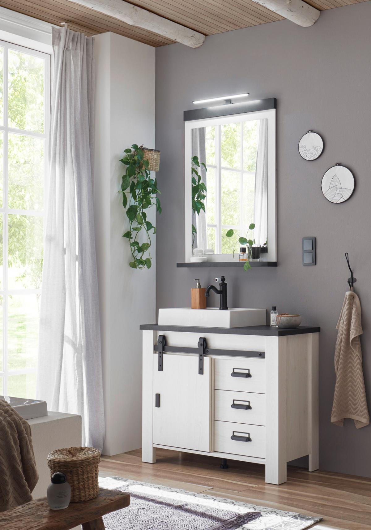 BADMÖBEL-SET 4-teilig weiß Pinie, anthrazit, Badkombination mit Waschbecken und LED - Anthrazit/Weiß, Holzwerkstoff/Metall (95/210/43cm) - Furn.Design