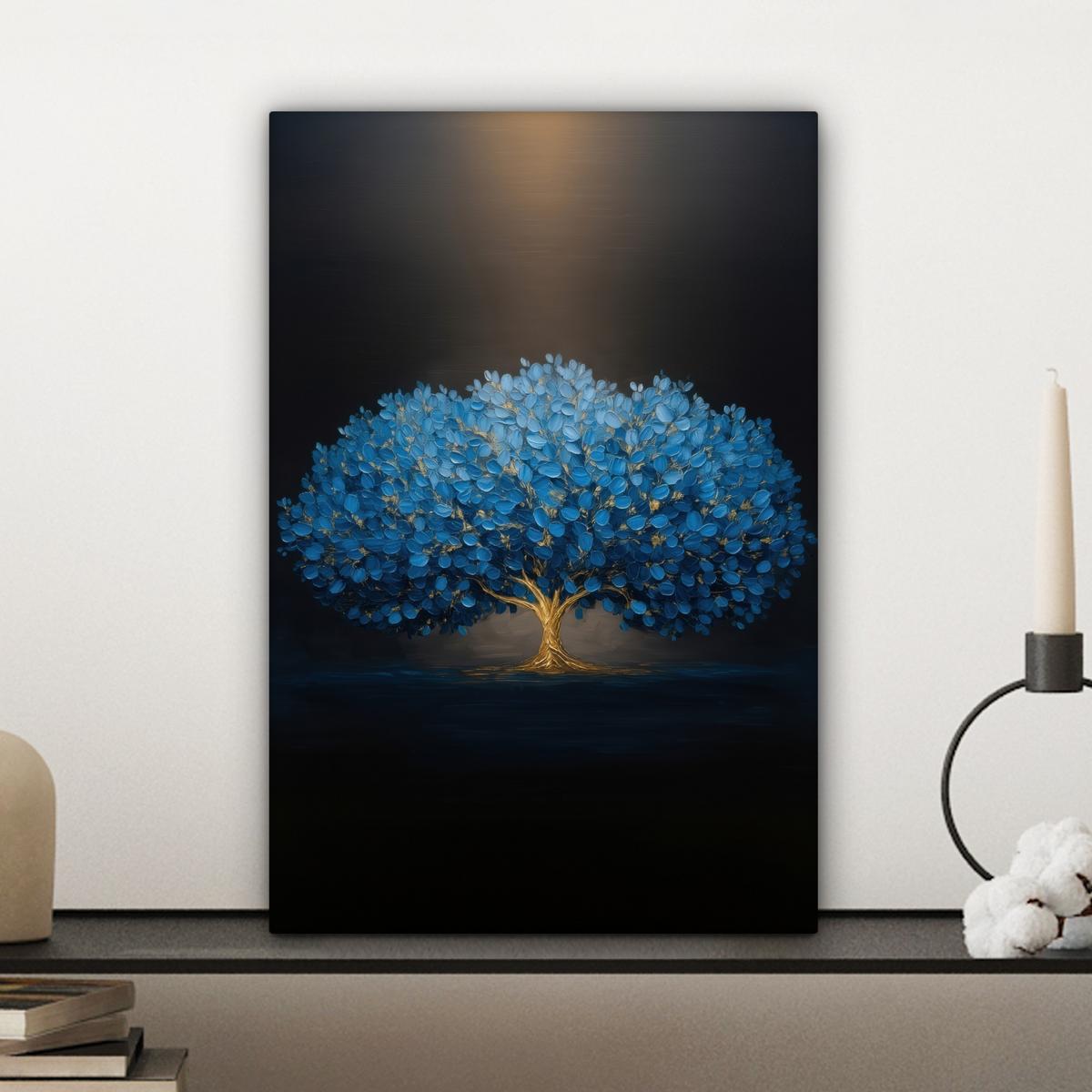 LEINWANDBILD Baum - Blau - Blätter - Pinselstriche Deko Wohnzimmer 20x30 cm - Blau, Textil (20/30cm) - MuchoWow