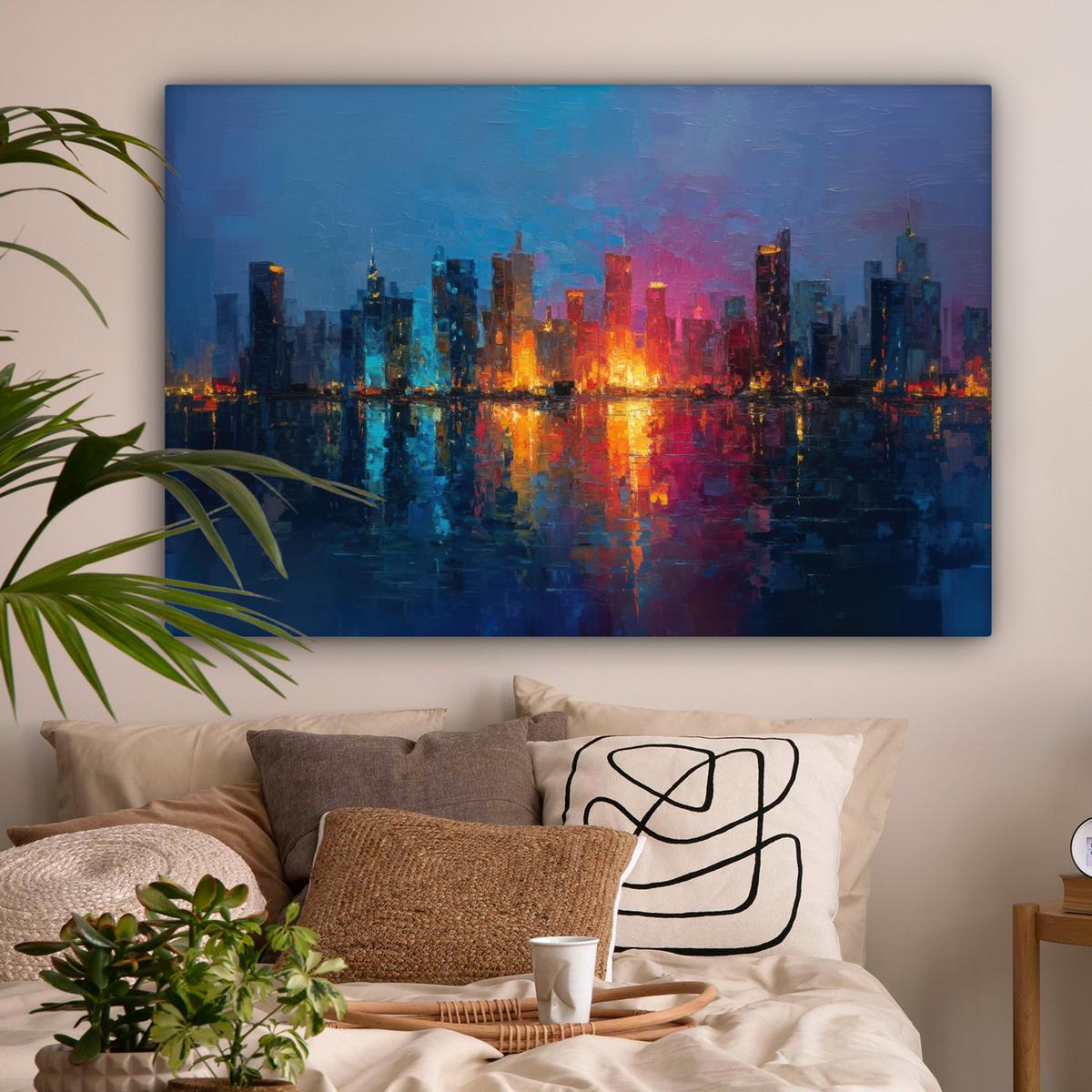 LEINWANDBILD Skyline - Pinselstriche - Dunkelblau - Leuchtend Groß 140x90 cm - Blau, Textil (140/90cm) - MuchoWow