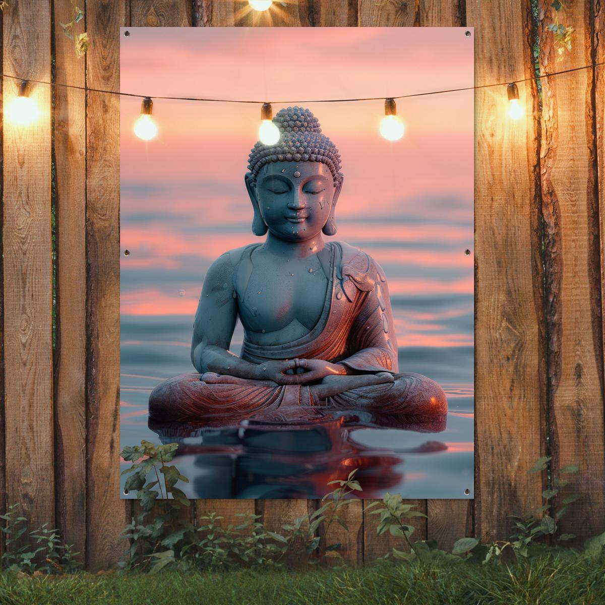 GARTENPOSTER Buddha - Statue - Buddha - Wasser - Kunst - Buddha Gartendekoration 120x160 cm - Blaugrau, Kunststoff (120/160/0.2cm) - OnlyWow