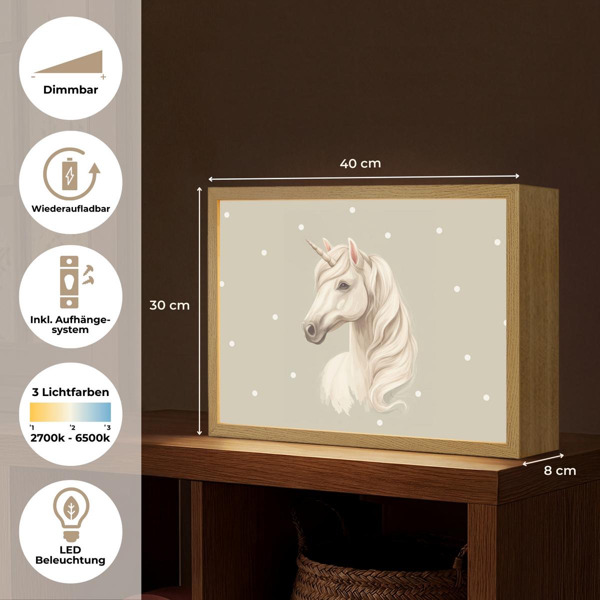 NACHTTISCHLAMPE MIT AKKU Einhorn - Weiß - Punkte 40x30 cm - Taupe, Holzwerkstoff (8/40/30cm) - OnlyWow