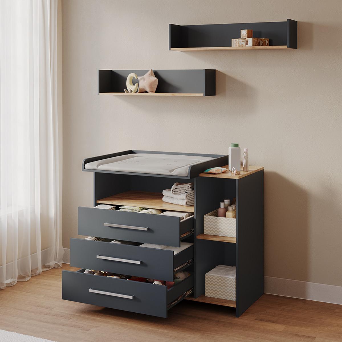 WICKELKOMMODE Torino Anthrazit/Goldkraft Eiche mit 3 Schubladen - Honigeiche/Anthrazit, Holzwerkstoff (113/93/53.1cm) - Livinity®