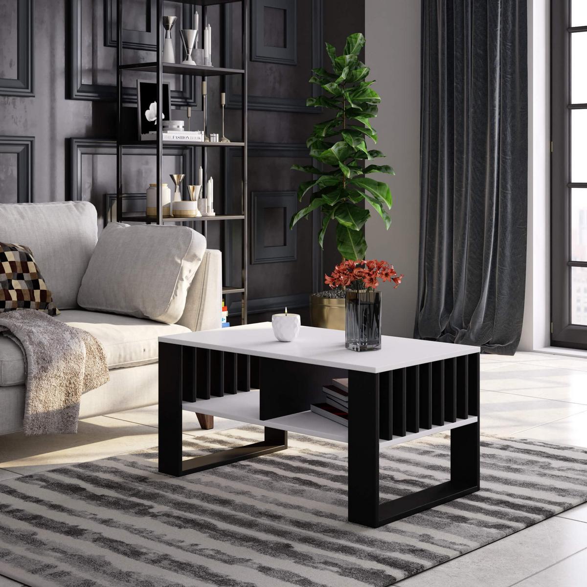 COUCHTISCH Weiß, Schwarz 45/92/53 - Schwarz/Weiß, Textil (53/92/45cm) - RAUMHIRSCH FURNITURE