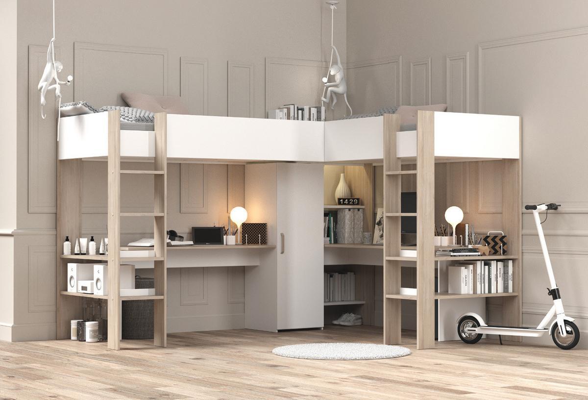HOCHBETT weiß, Eiche, Kinderzimmer mit 2x Bett Liegefläche 90 x 200 cm - Eichefarben/Silberfarben, Holzwerkstoff/Kunststoff (90/200cm) - Parisot Meuble
