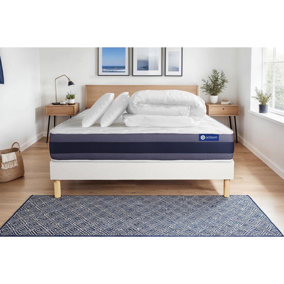 BETT Actiflex morpho Taschenfederkern und Memory-Schaum 160 x 200 cm h1 - Kit Bettgestell Weiß - Mit Kissen und Bettdecke - Beige/Weiß, Karton/Holz (160/200cm) - ACTISOM