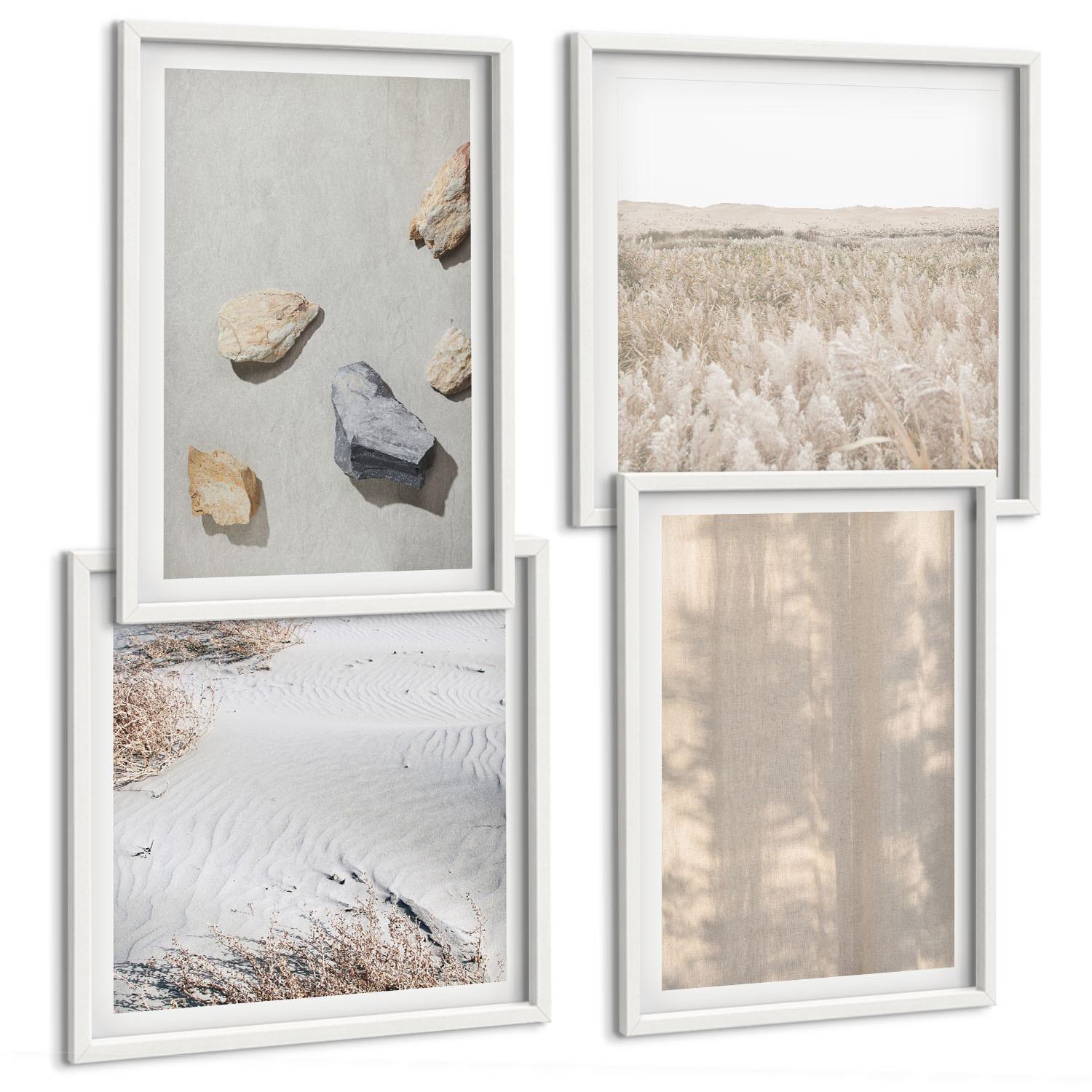 BILDER SET 4er Set - 50x50 cm & 40x60 cm Weißer Rahmen - Boho-Naturtexturen - Weiß, Kunststoff (50/50cm) - TULUP